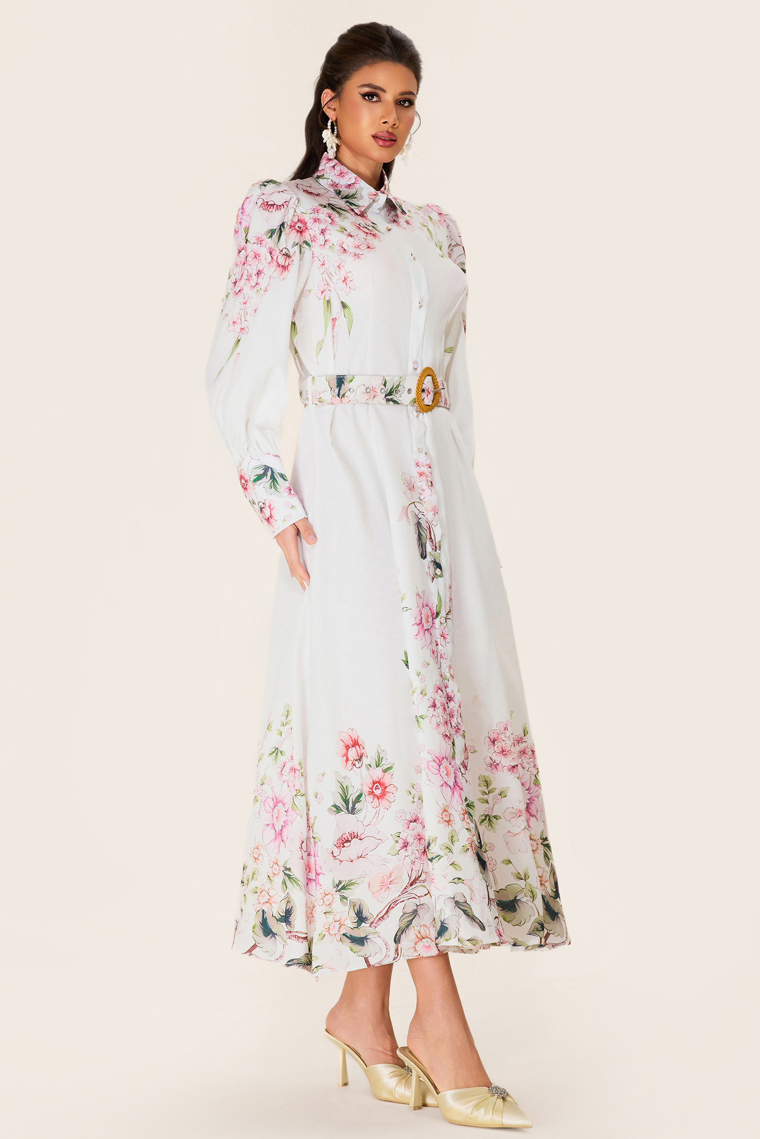 Floral Lantern Sleeve Midi Dress With Belt
