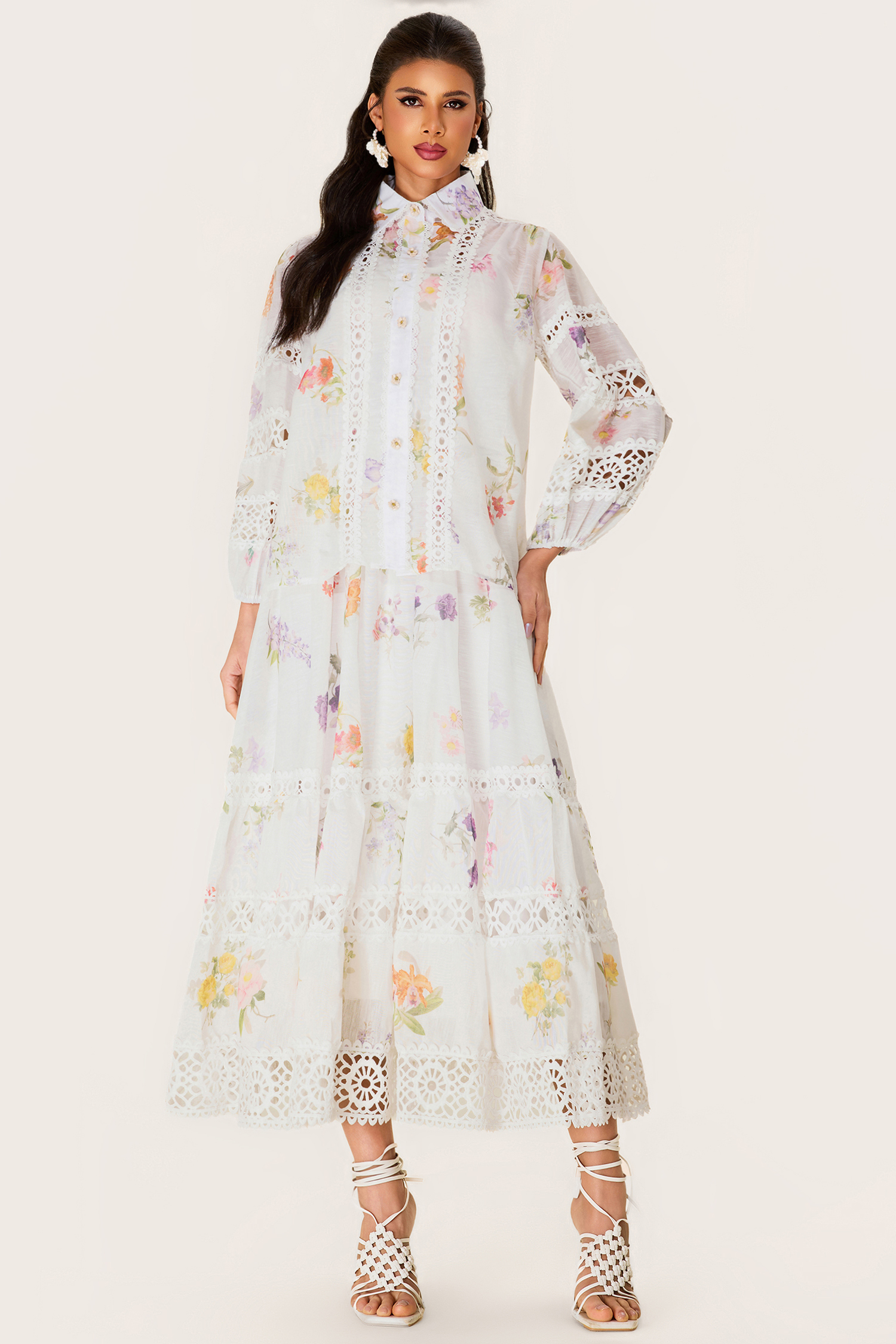 Floral Lace Top ＆ Lace Mid Waist Skirt Set