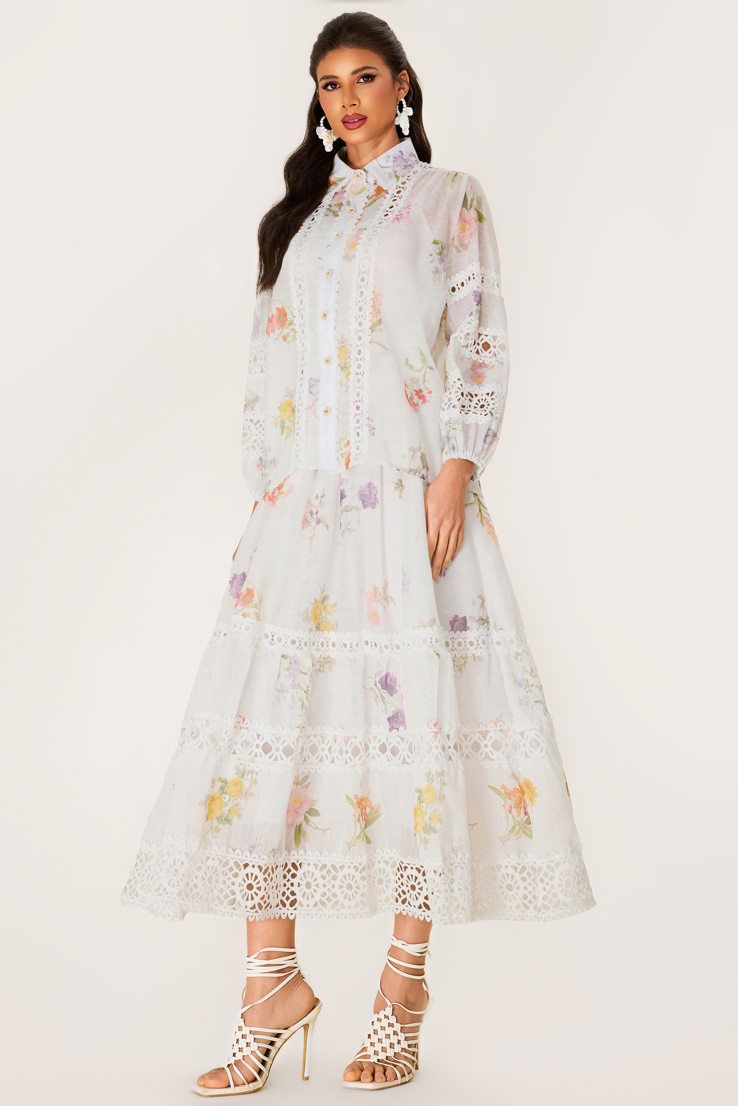 Floral Lace Top ＆ Lace Mid Waist Skirt Set