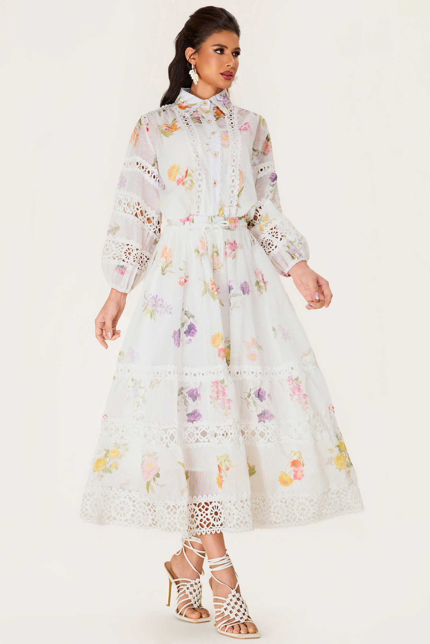 Floral Lace Top ＆ Lace Mid Waist Skirt Set