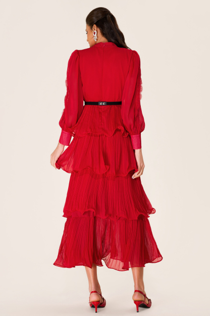 Solid Embroidered Ruffle Stand Collar Maxi Dress