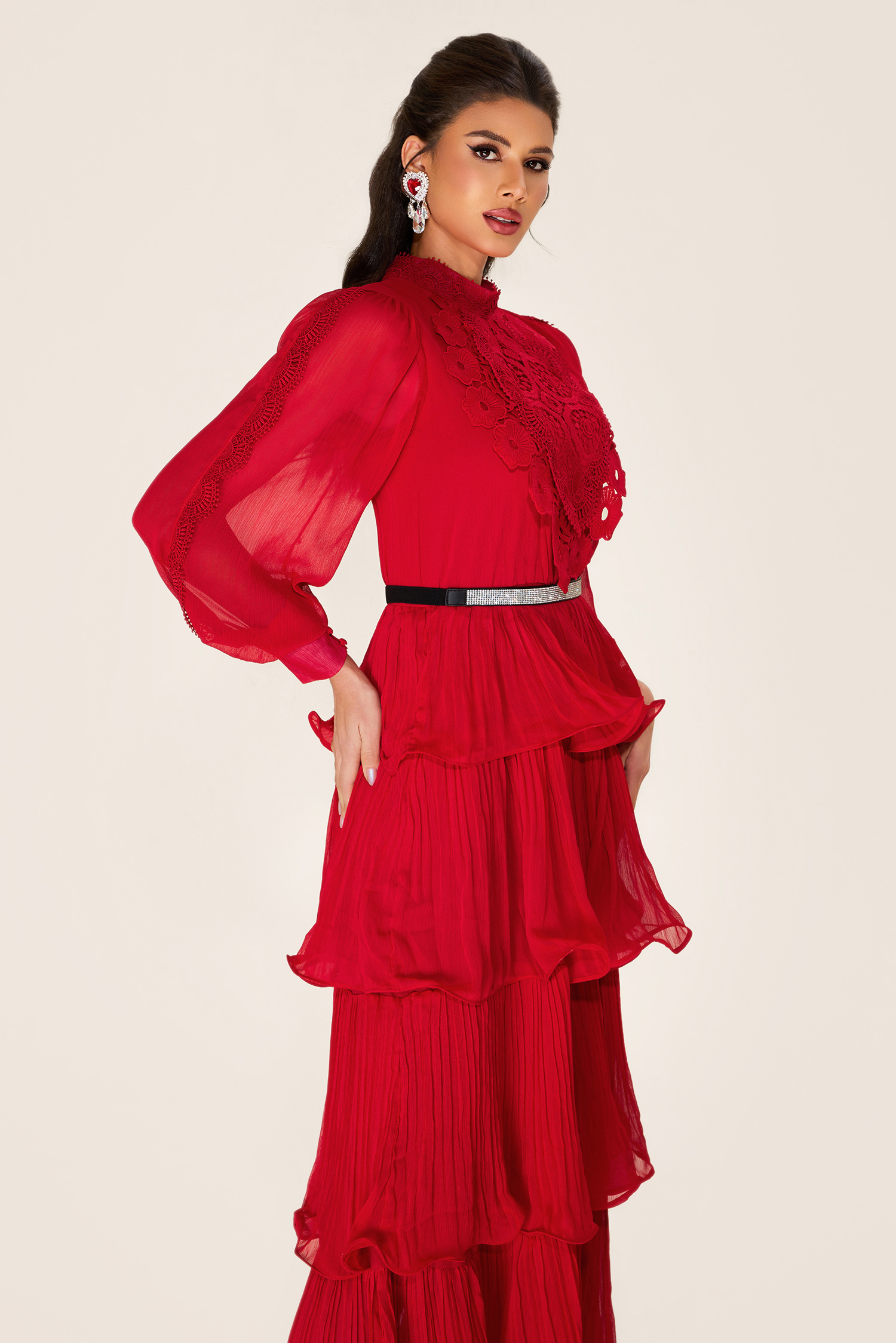 Solid Embroidered Ruffle Stand Collar Maxi Dress