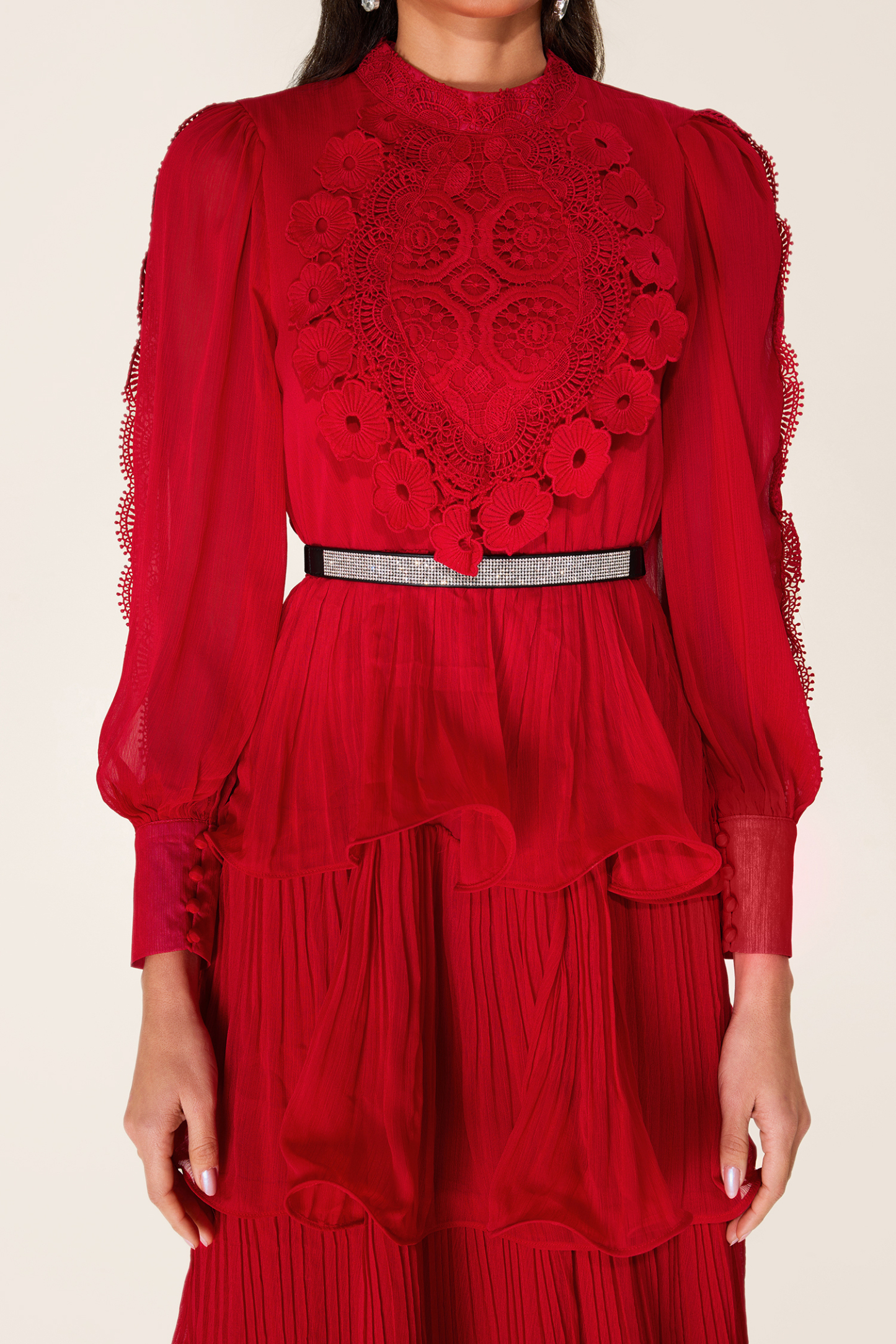 Solid Embroidered Ruffle Stand Collar Maxi Dress