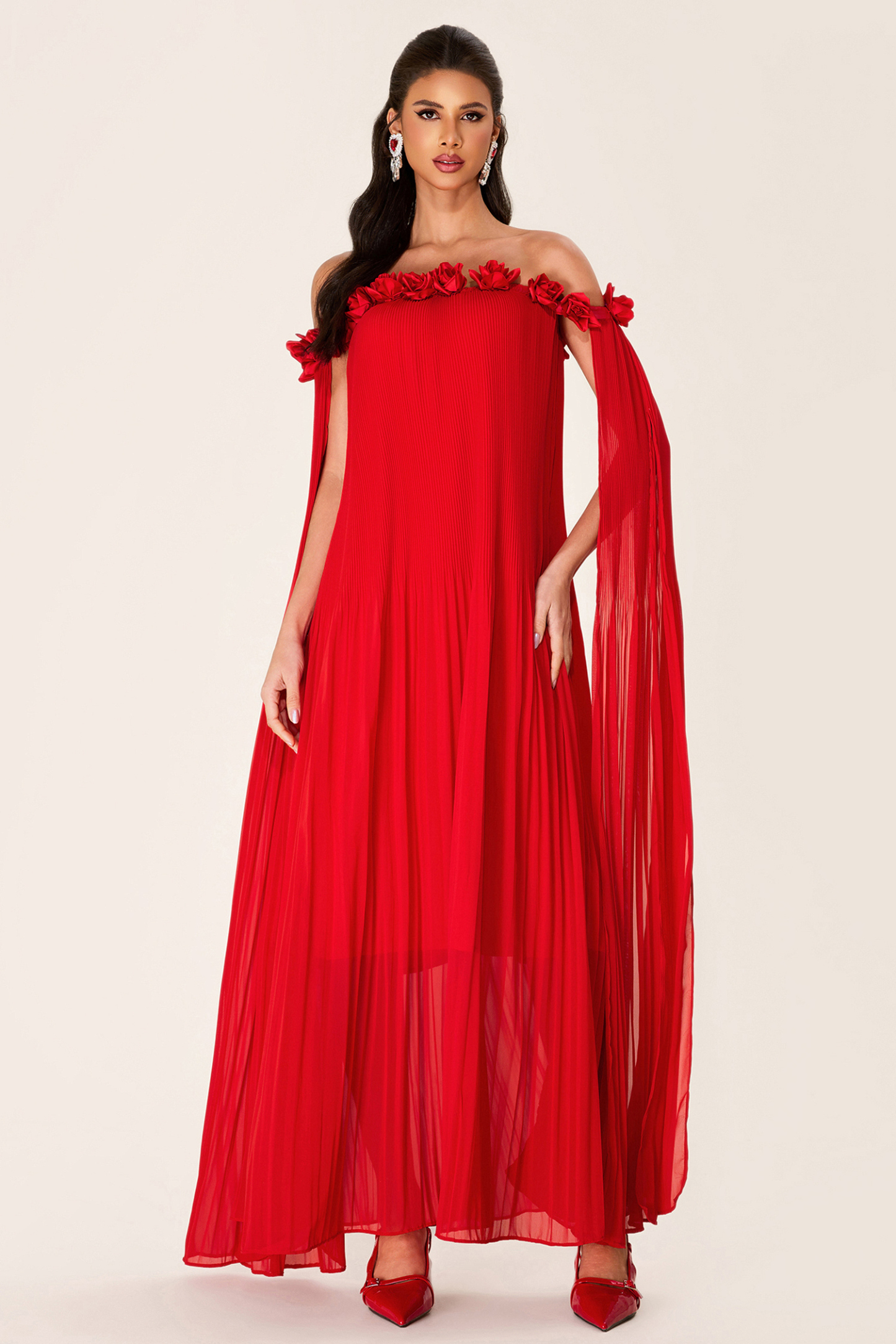 3D Flower Chiffon Off-Shoulder Pleat Maxi Dress