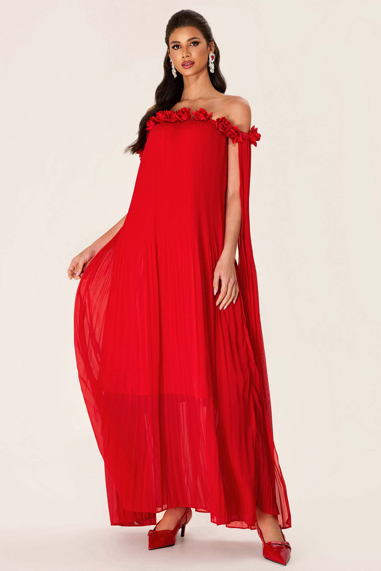 3D Flower Chiffon Off-Shoulder Pleat Maxi Dress