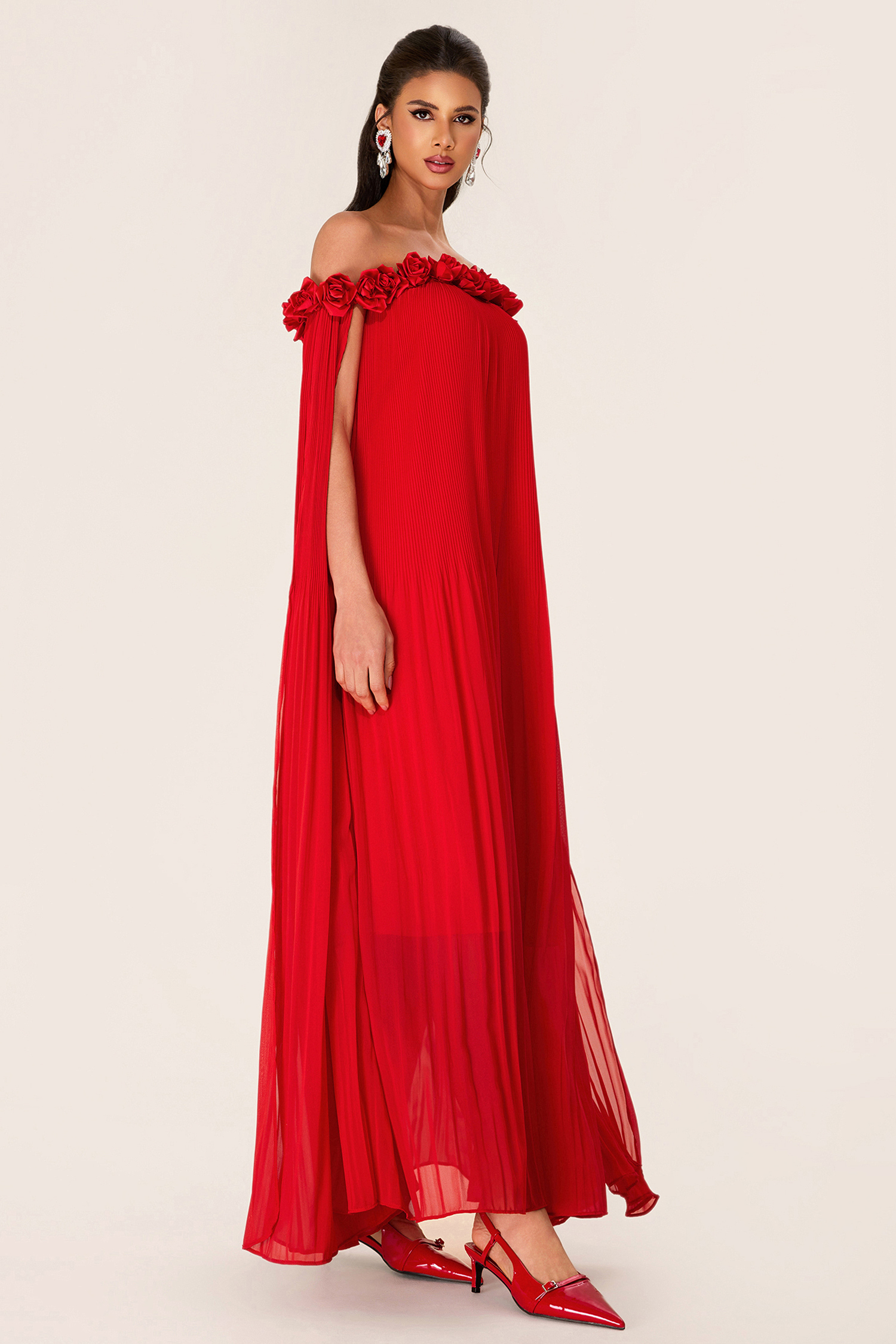 3D Flower Chiffon Off-Shoulder Pleat Maxi Dress