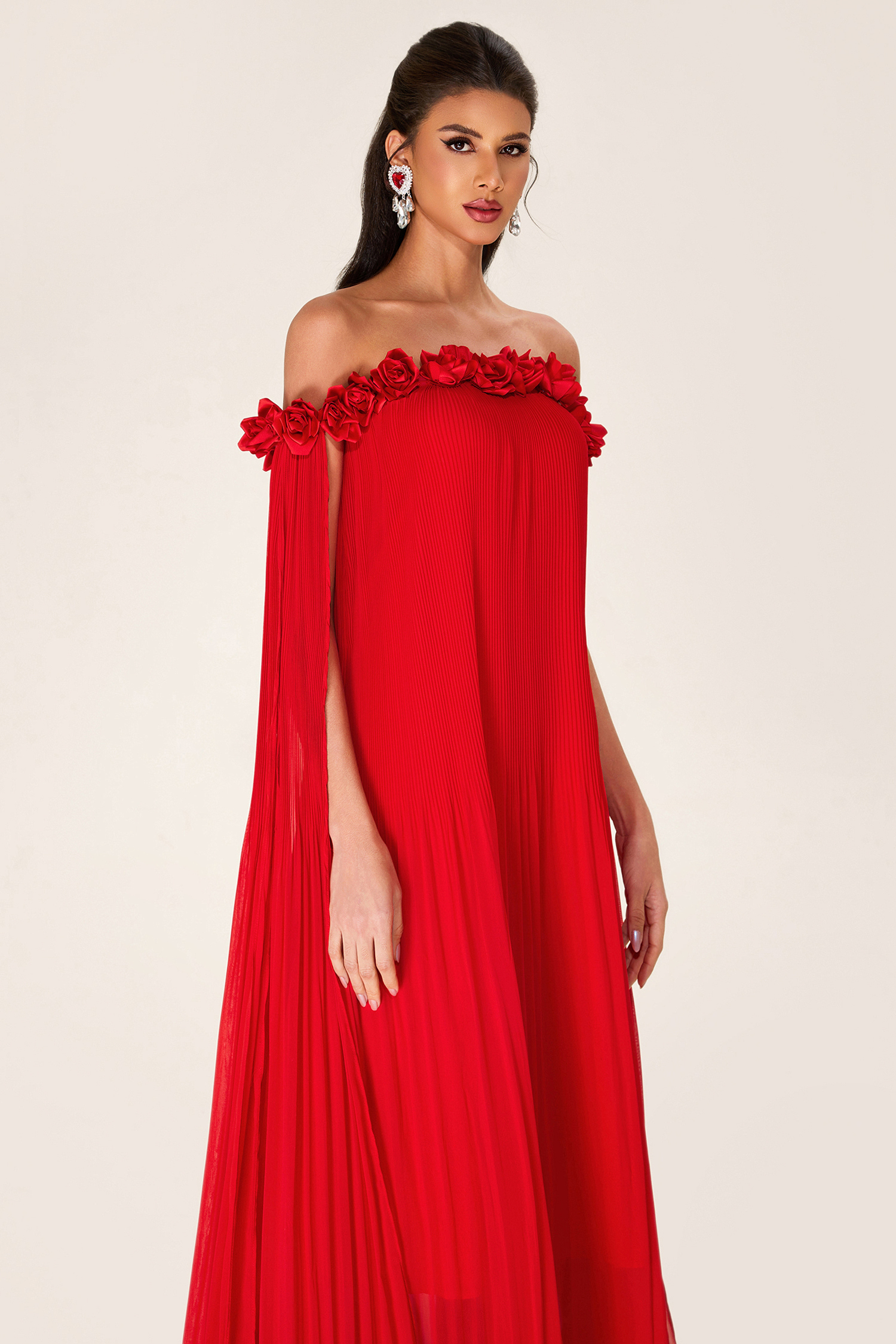 3D Flower Chiffon Off-Shoulder Pleat Maxi Dress