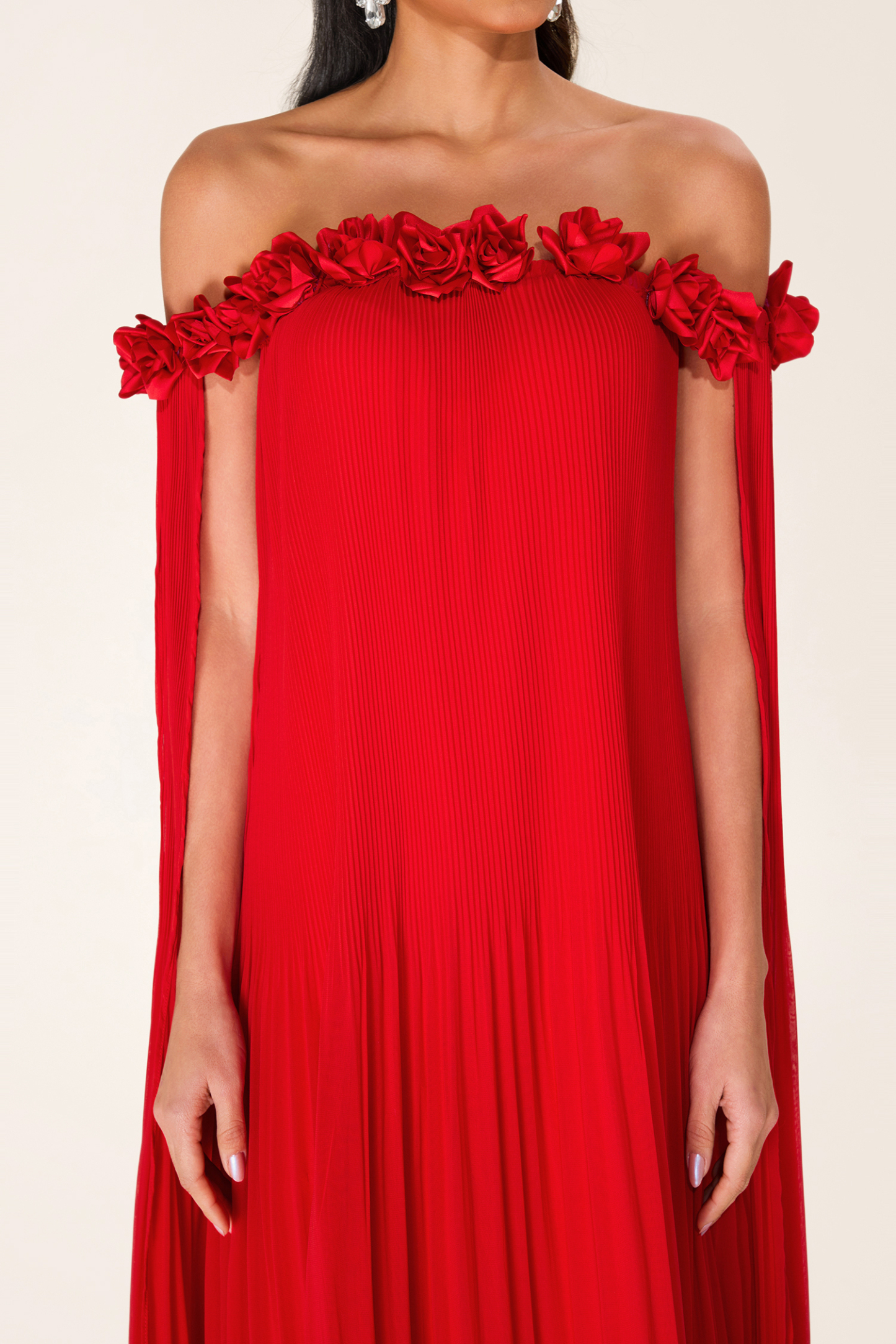 3D Flower Chiffon Off-Shoulder Pleat Maxi Dress