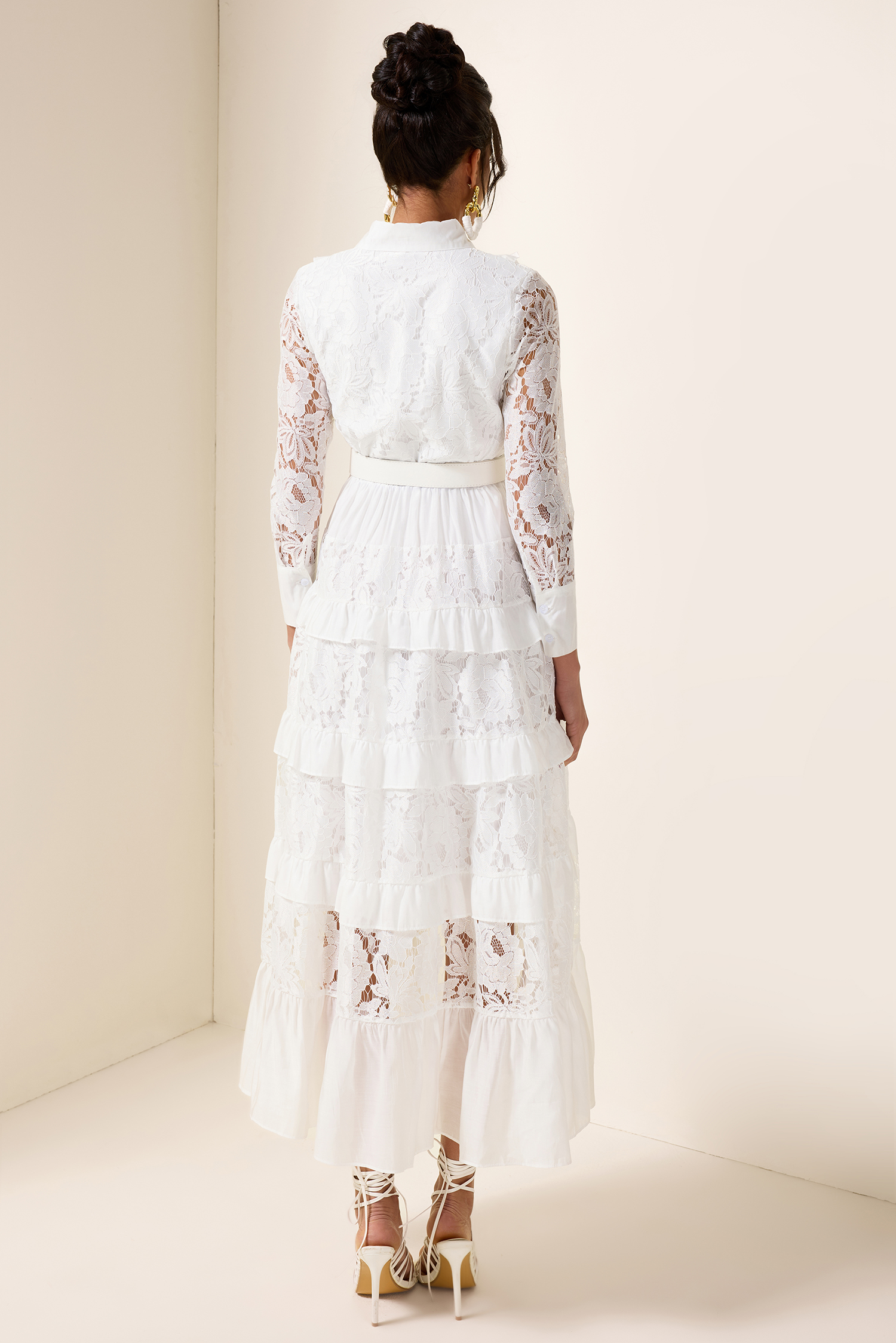 Lace Solid Frill Midi Dress With Belt