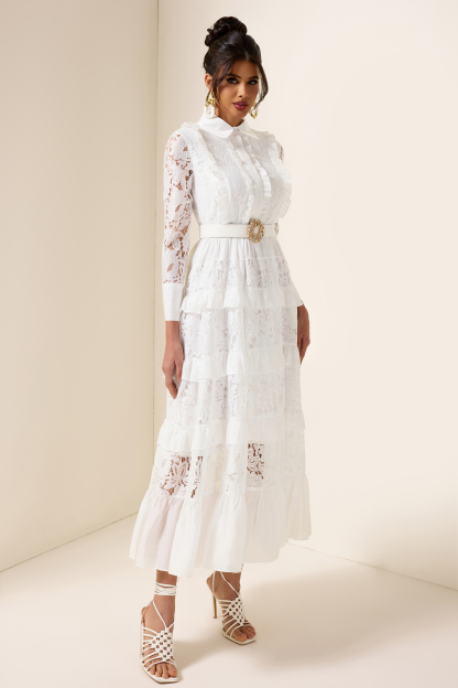 Lace Solid Frill Midi Dress With Belt