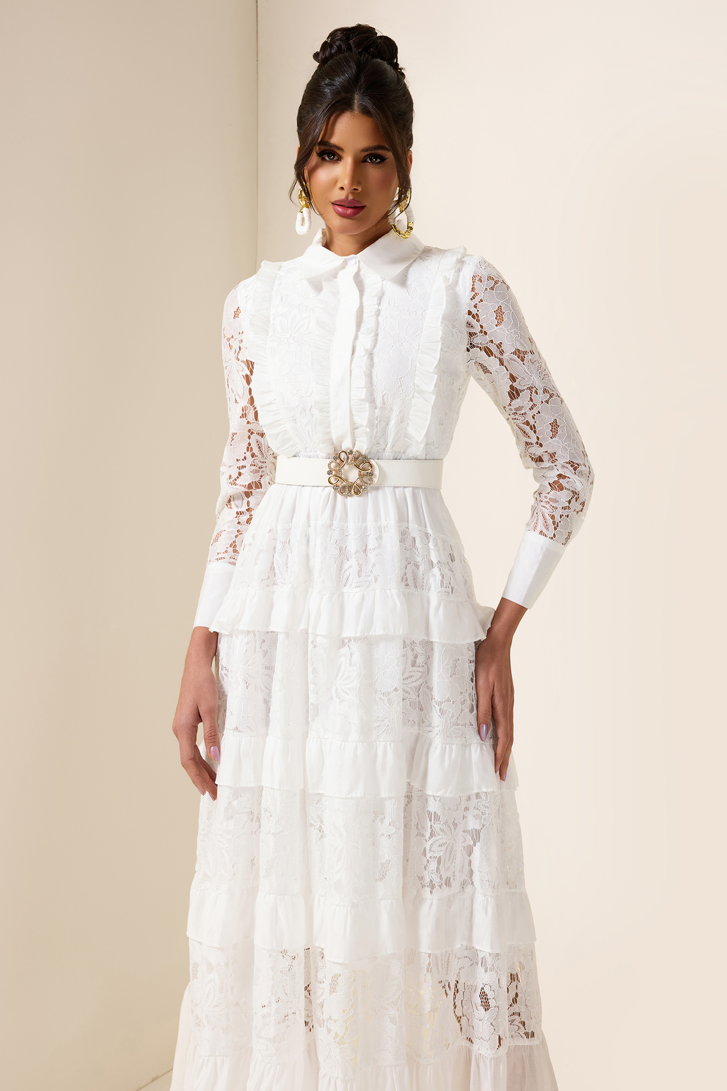 Lace Solid Frill Midi Dress With Belt