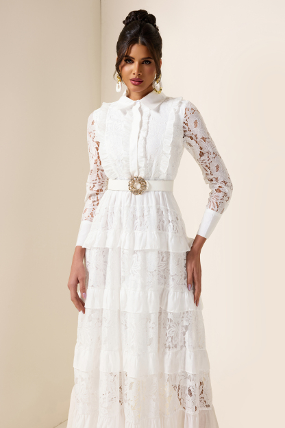 Lace Solid Frill Midi Dress With Belt