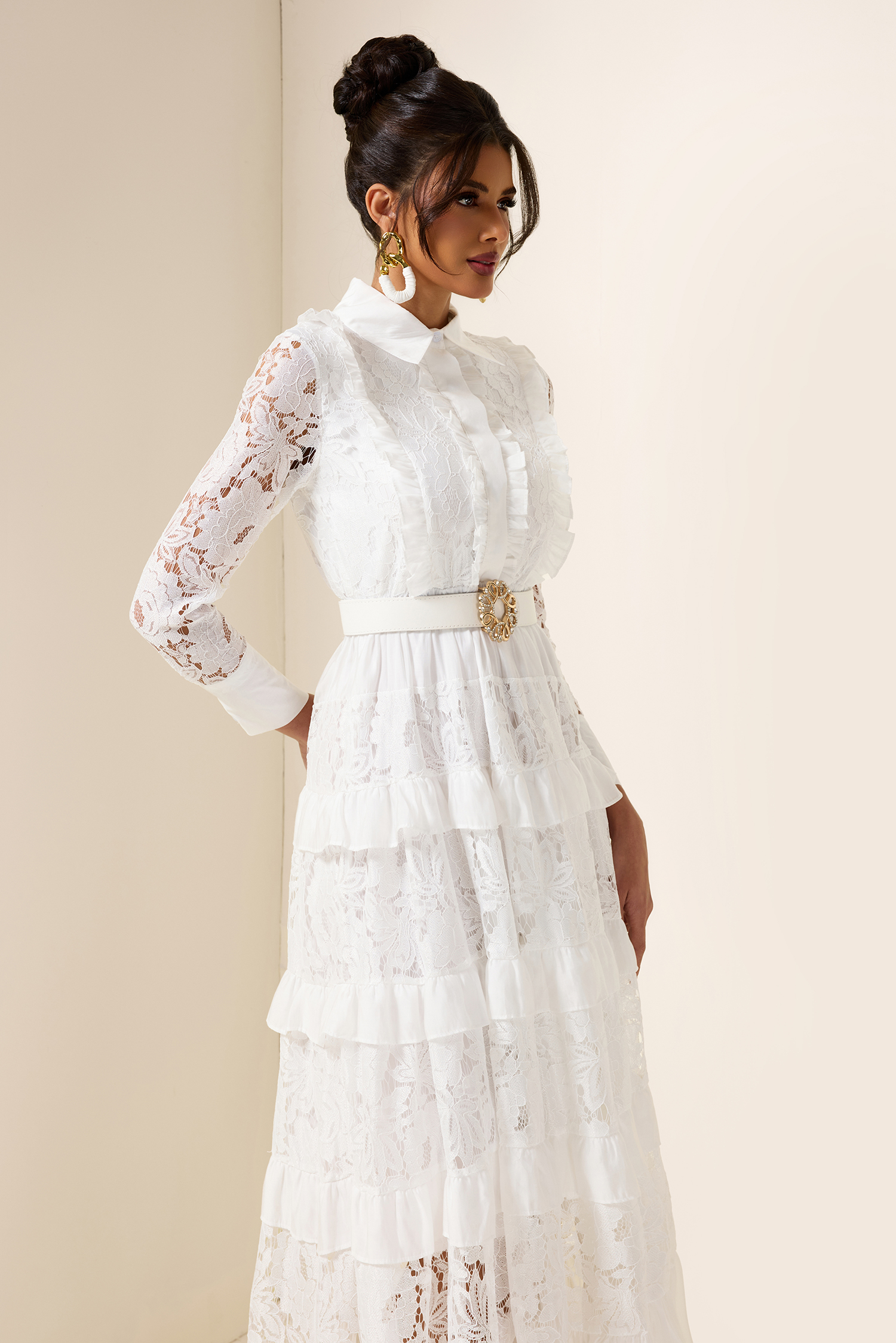 Lace Solid Frill Midi Dress With Belt