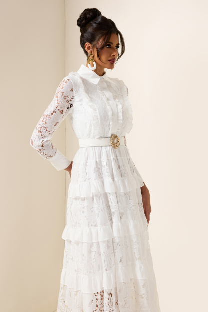 Lace Solid Frill Midi Dress With Belt