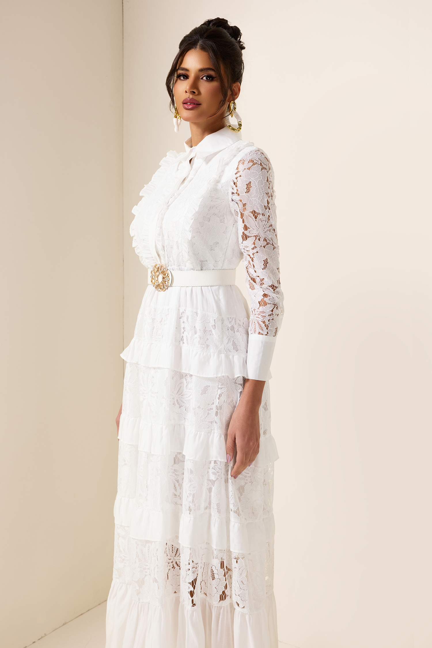 Lace Solid Frill Midi Dress With Belt