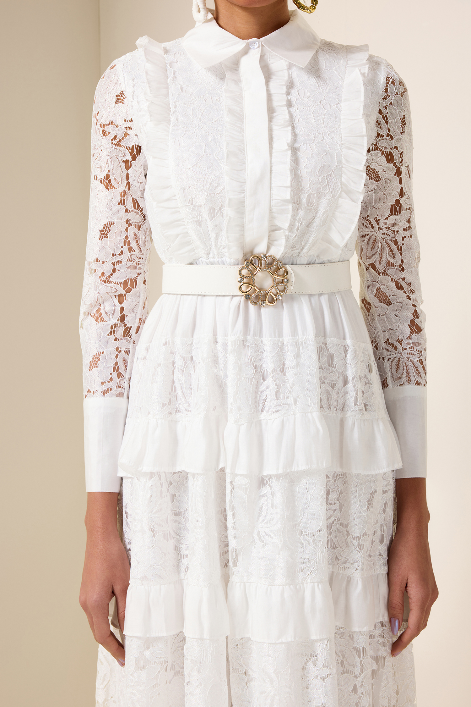 Lace Solid Frill Midi Dress With Belt