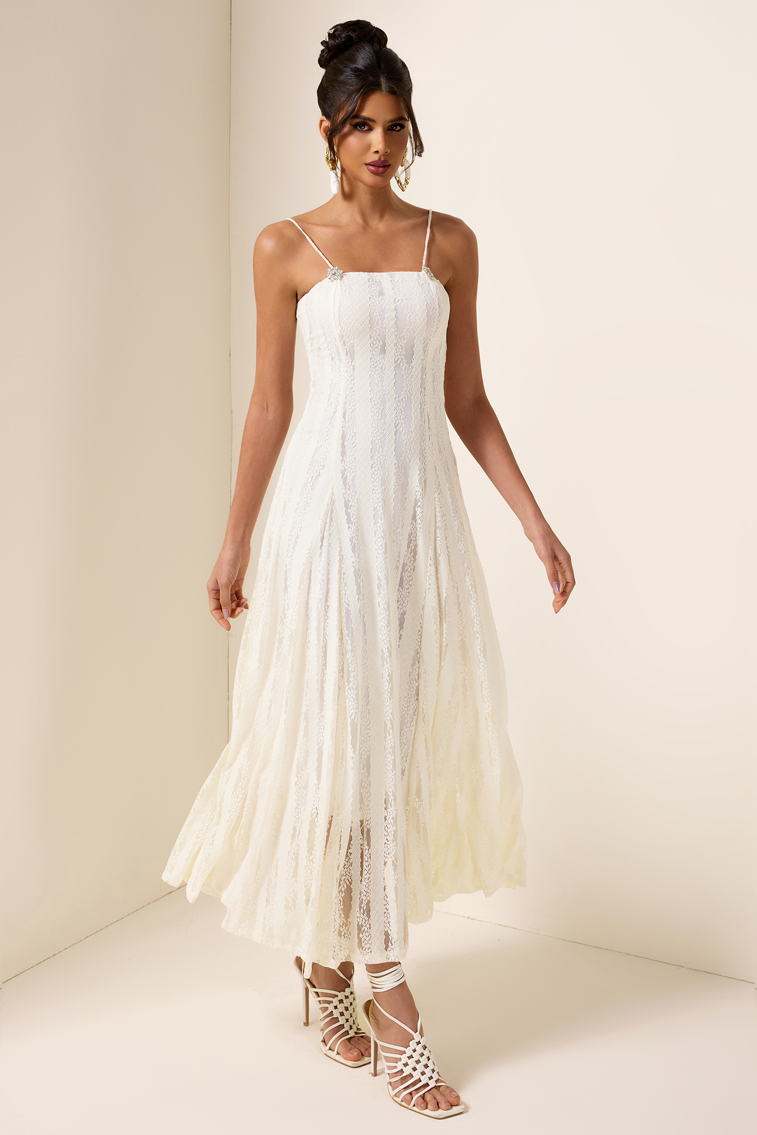 Solid Lace Rhinestone Midi Dress