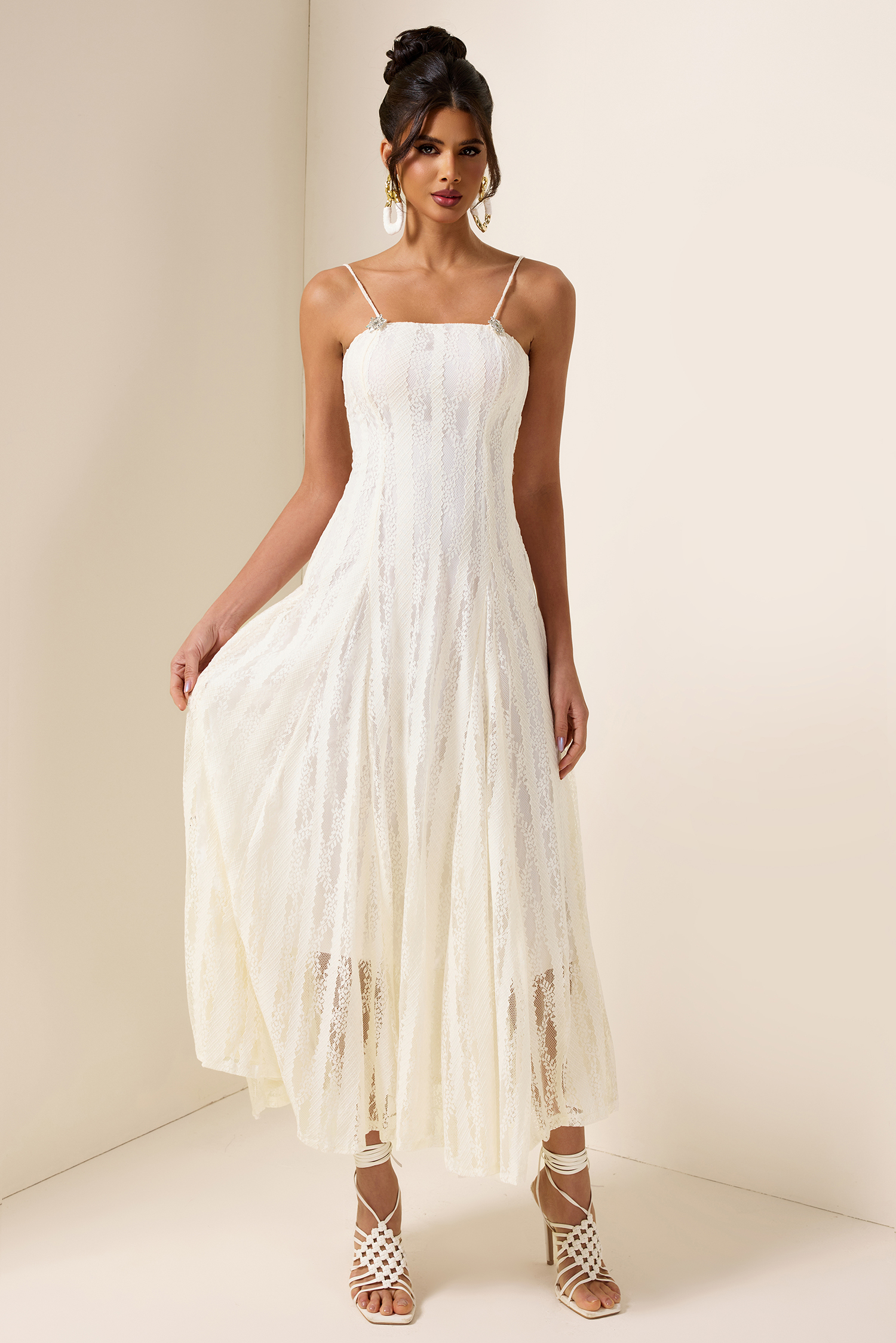 Solid Lace Rhinestone Midi Dress