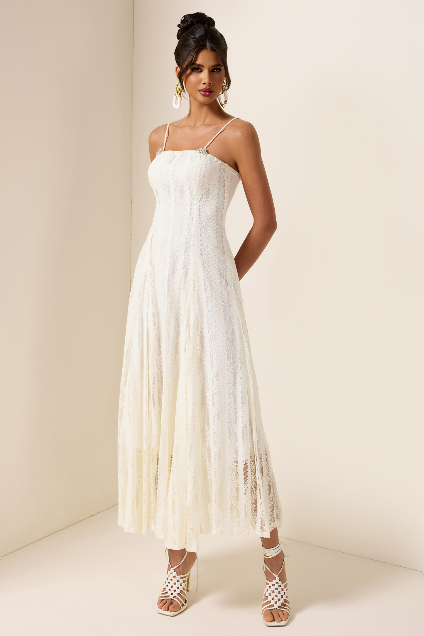 Solid Lace Rhinestone Midi Dress