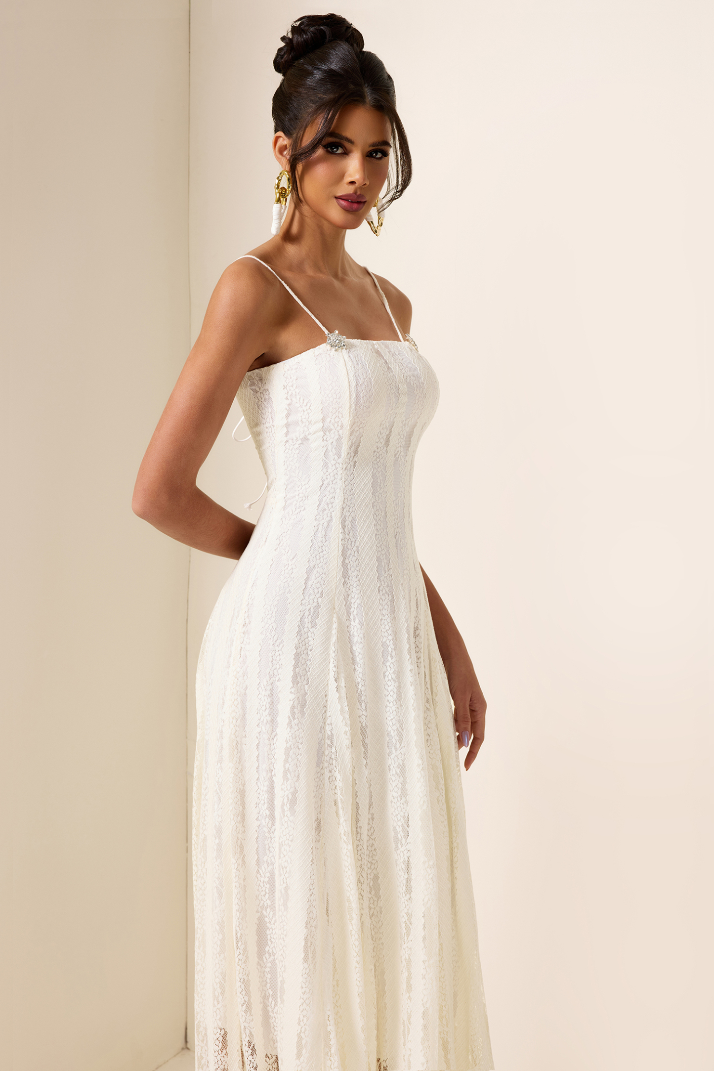 Solid Lace Rhinestone Midi Dress