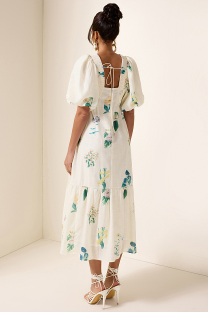 Floral Puff Sleeve Smocking Midi Dress