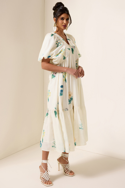 Floral Puff Sleeve Smocking Midi Dress