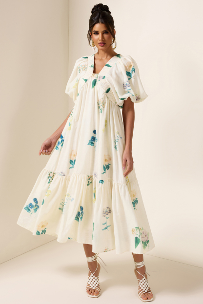 Floral Puff Sleeve Smocking Midi Dress
