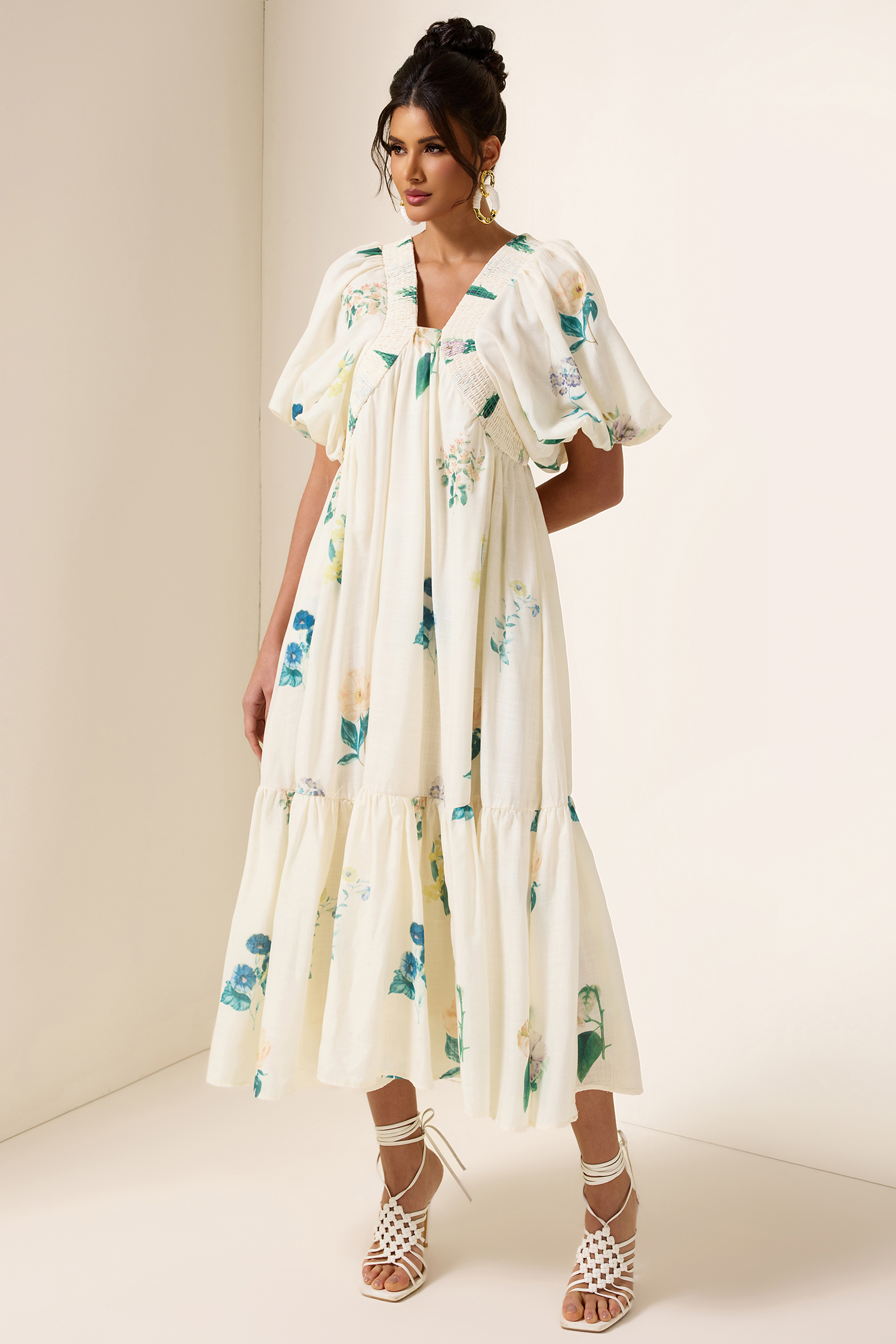 Floral Puff Sleeve Smocking Midi Dress