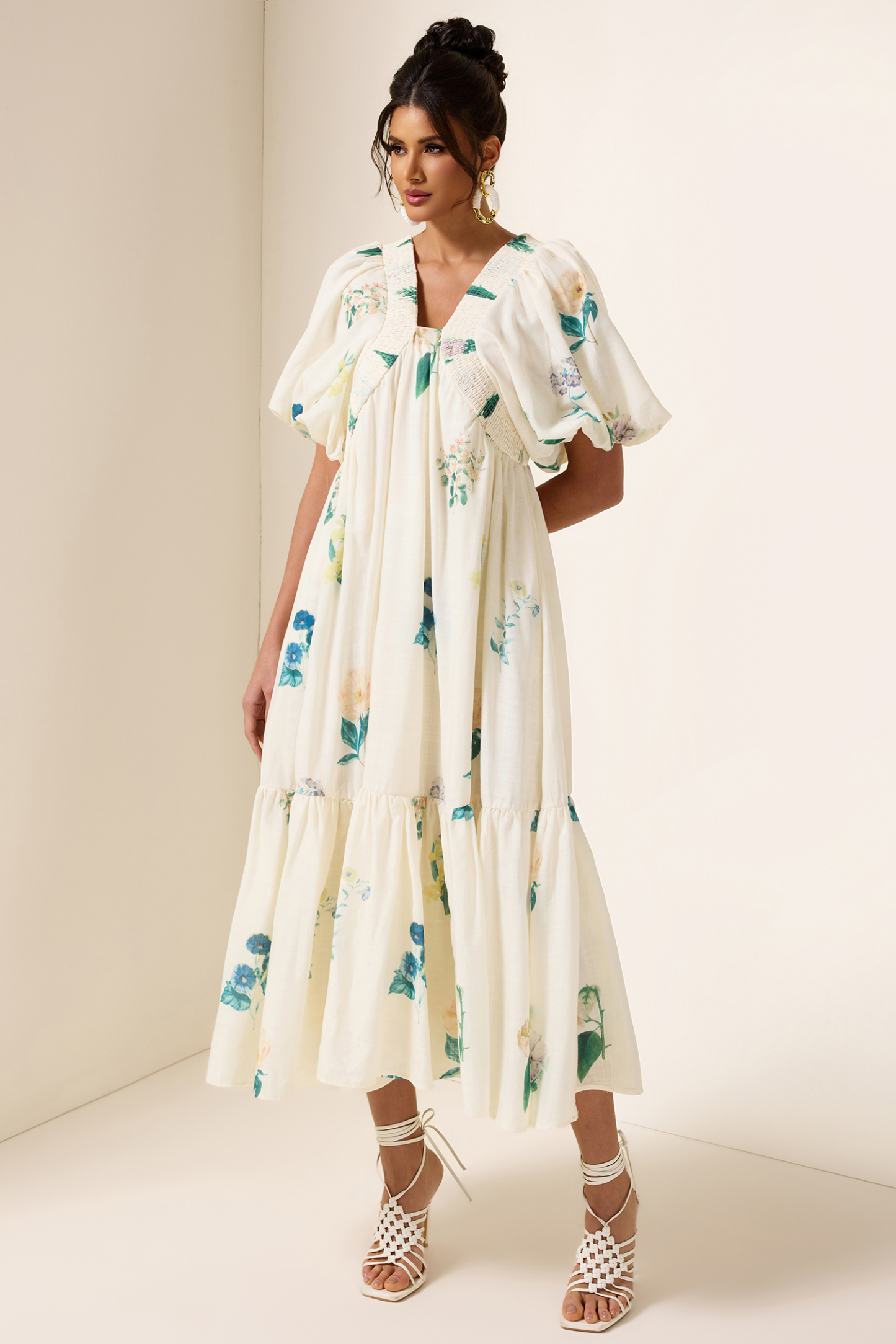 Floral Puff Sleeve Smocking Midi Dress