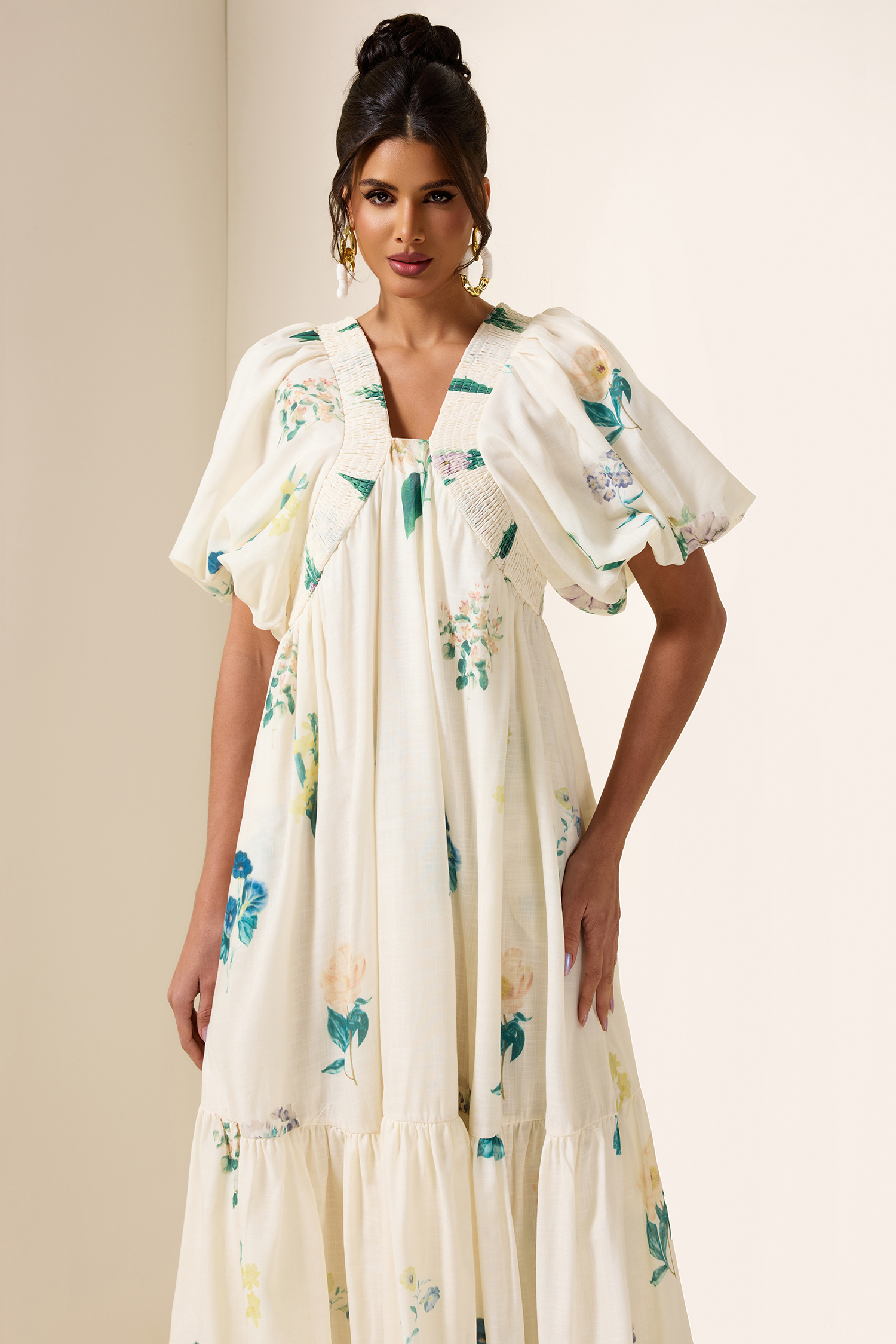 Floral Puff Sleeve Smocking Midi Dress