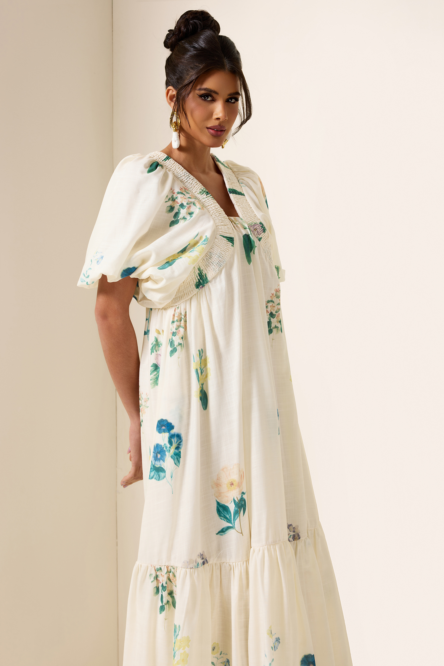 Floral Puff Sleeve Smocking Midi Dress