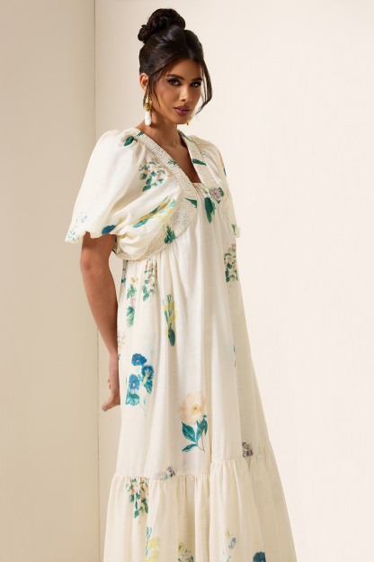 Floral Puff Sleeve Smocking Midi Dress