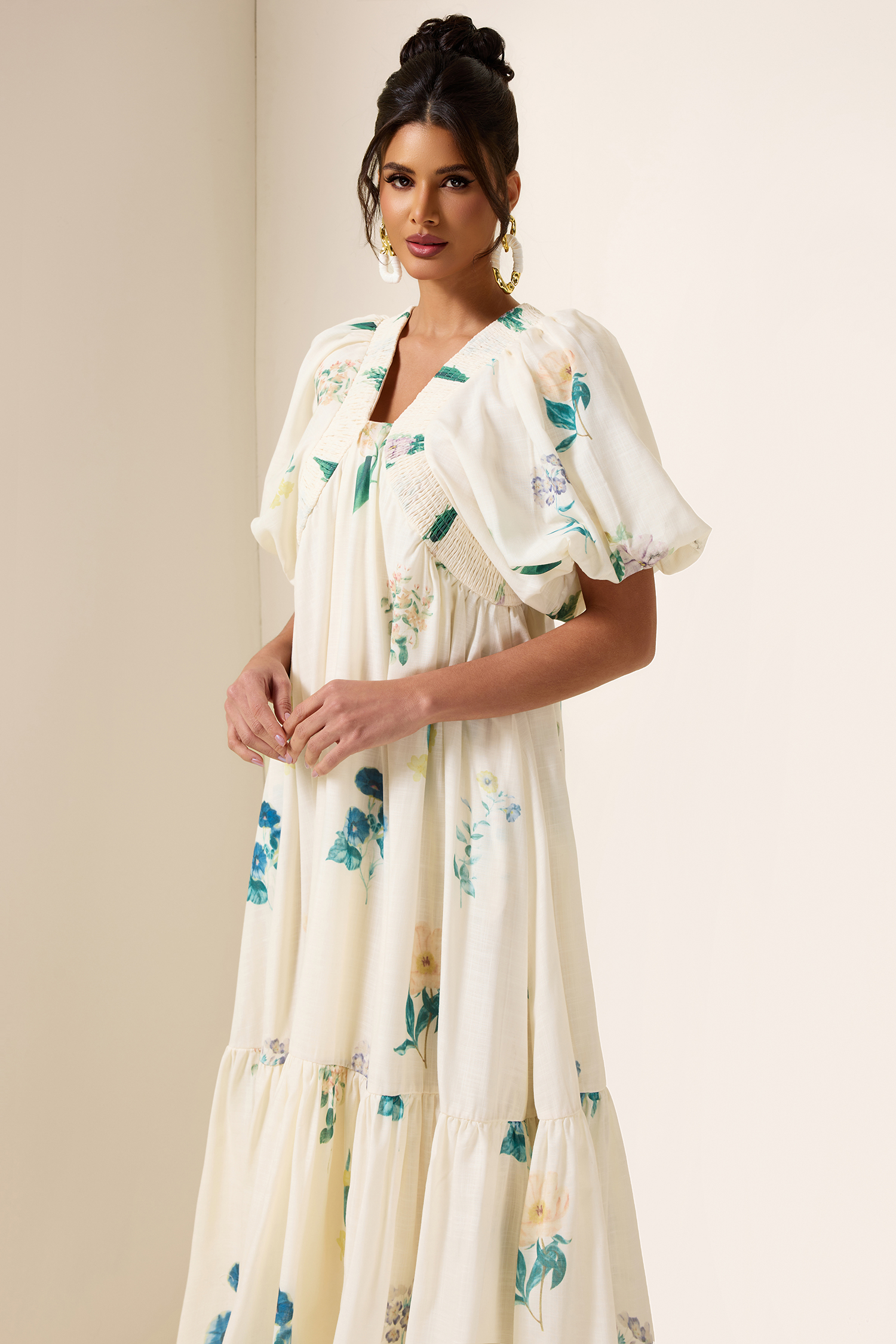 Floral Puff Sleeve Smocking Midi Dress