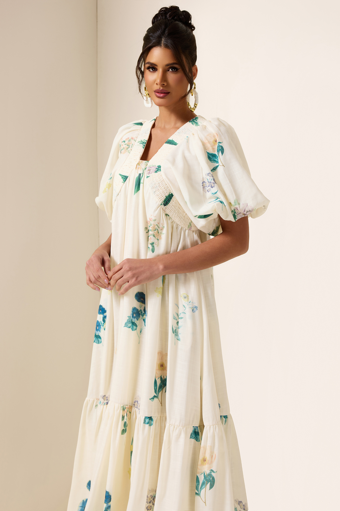 Floral Puff Sleeve Smocking Midi Dress