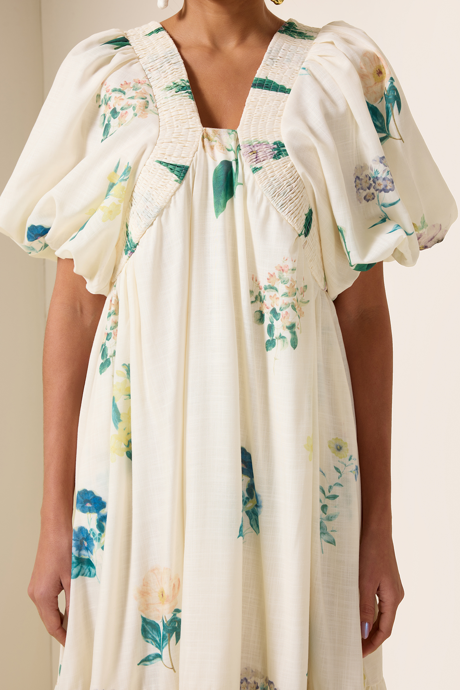 Floral Puff Sleeve Smocking Midi Dress