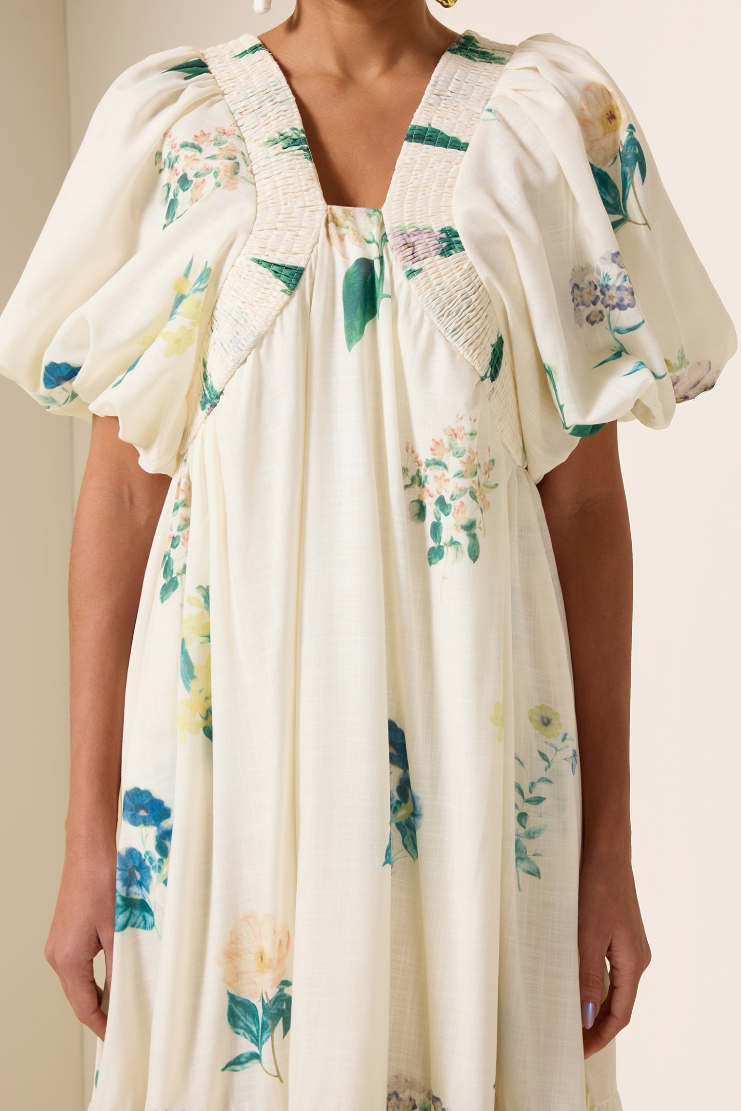 Floral Puff Sleeve Smocking Midi Dress