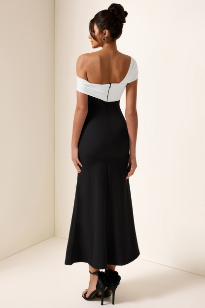 Contrast Color One-Shoulder Sleeveless Midi Dress