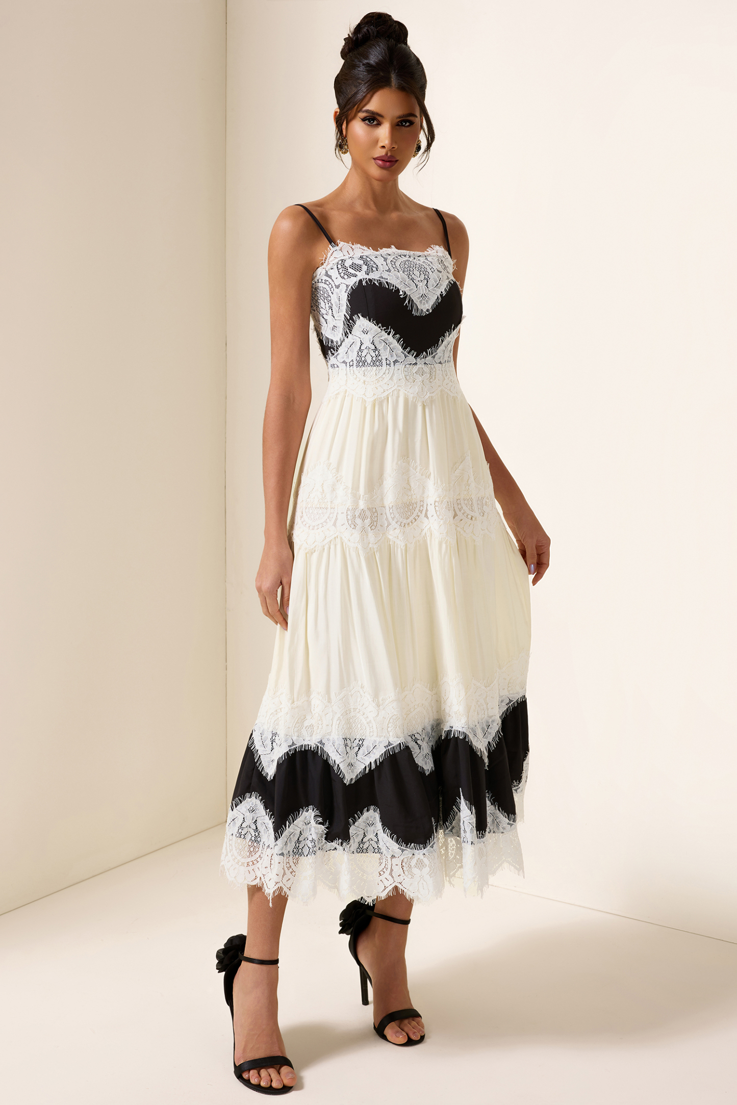 Lace Splicing Square Neck Midi Dress