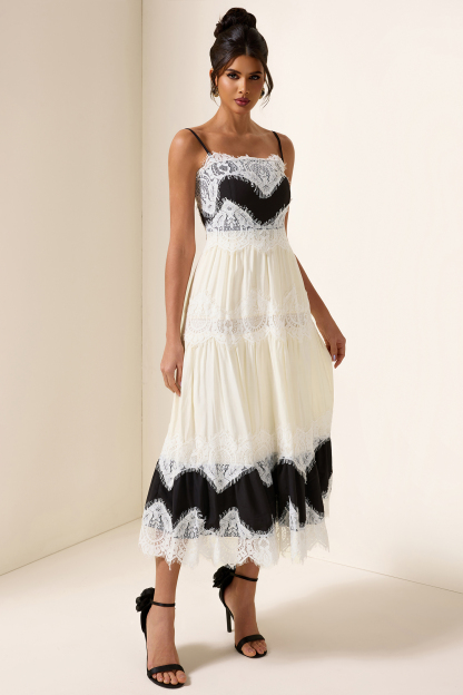 Lace Splicing Square Neck Midi Dress