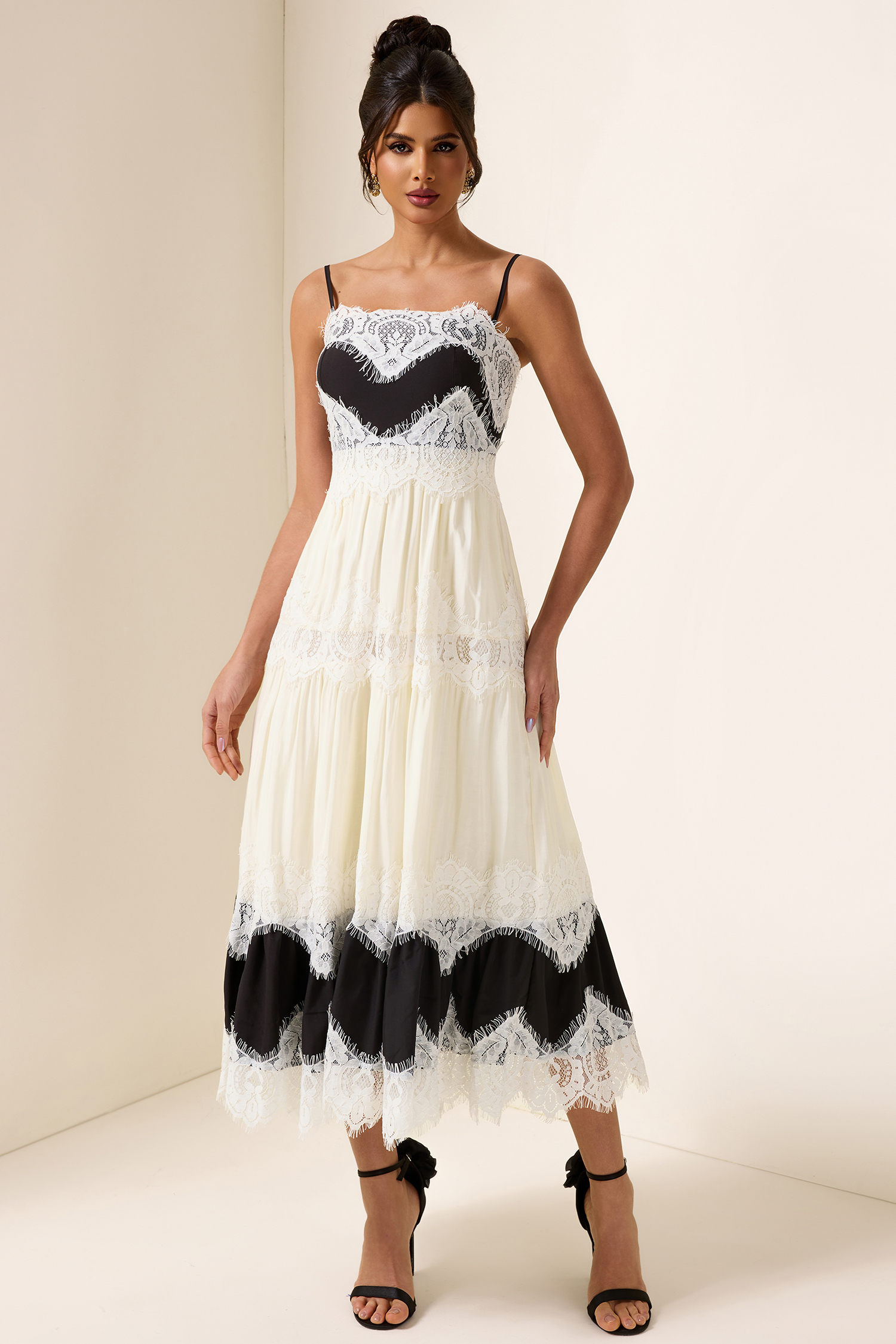 Lace Splicing Square Neck Midi Dress