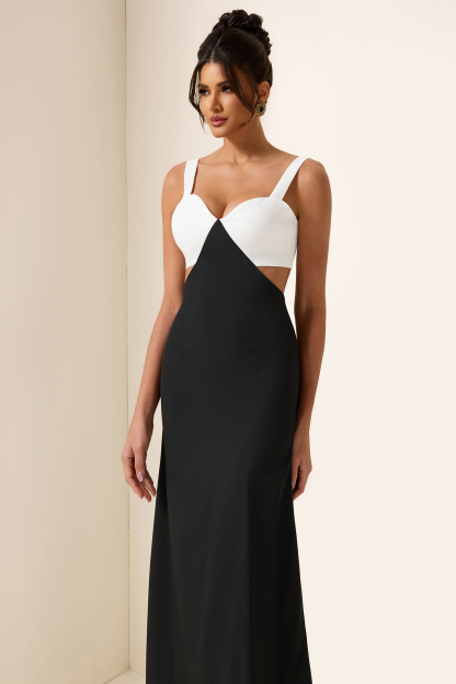 Contrast Color Square Neck Cut-Out Midi Dress