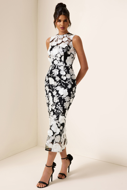 3D Flower Round Neck Sleeveless Midi Dress