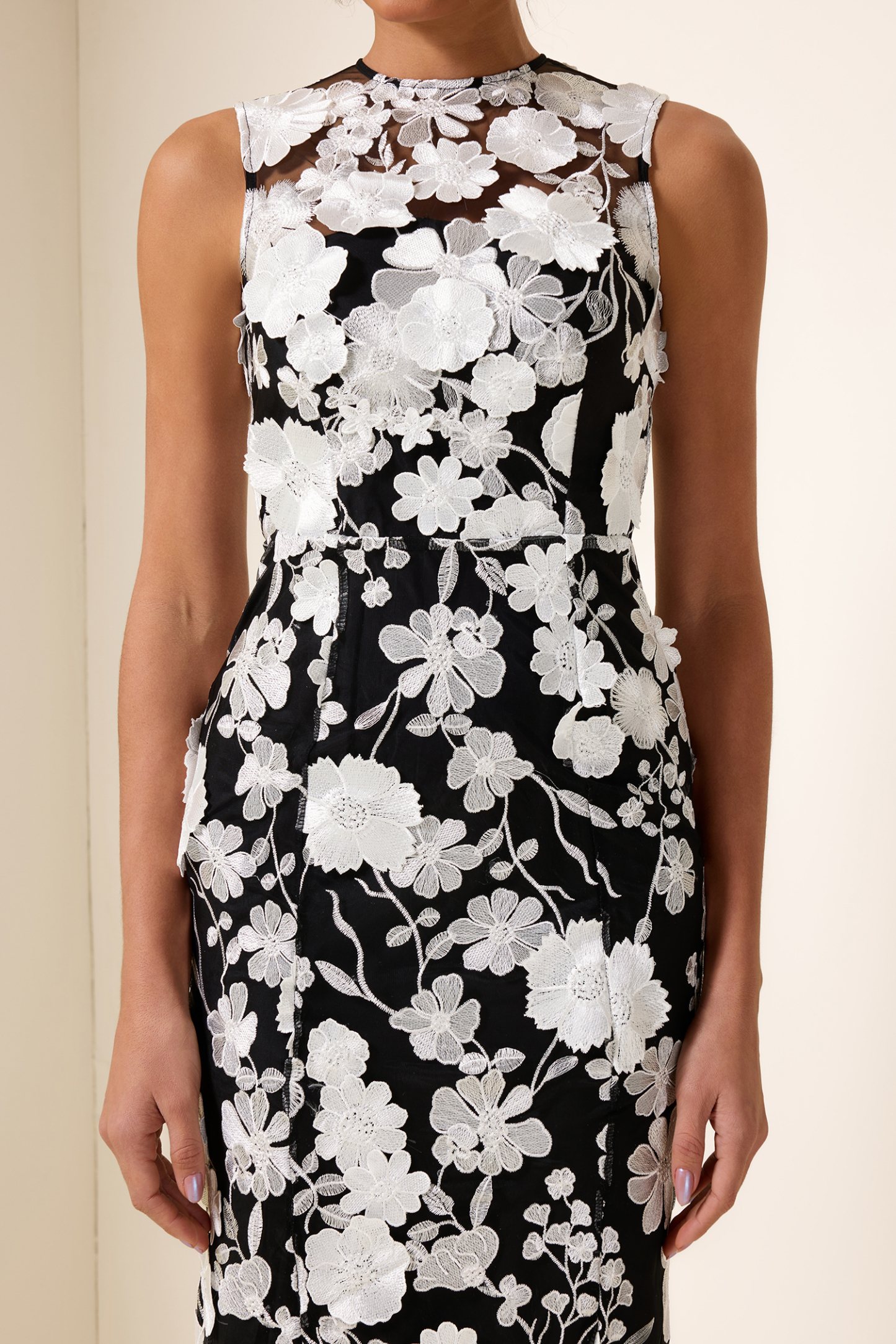 3D Flower Round Neck Sleeveless Midi Dress