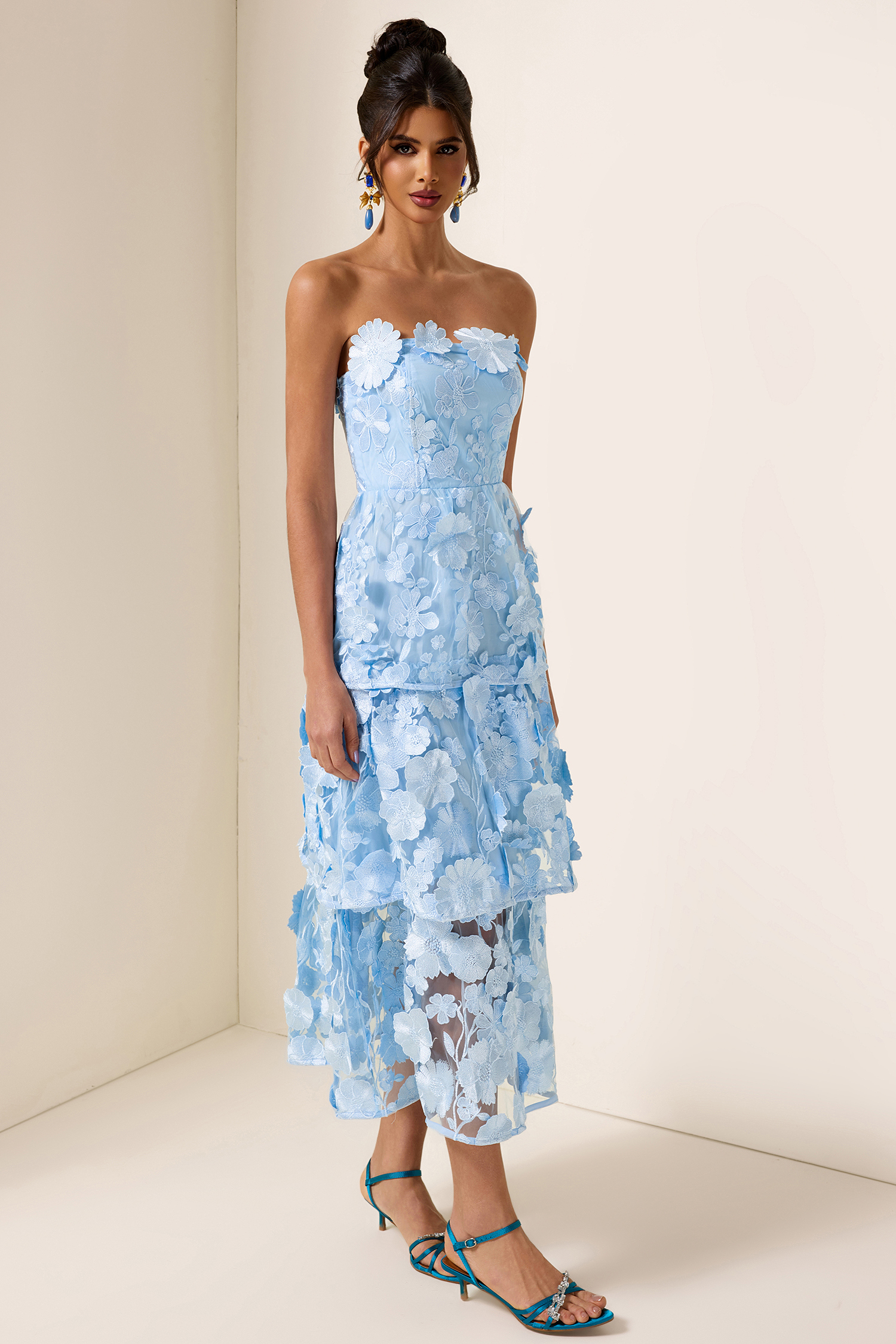 Embroidered Ruffle Off-Shoulder Midi Dress