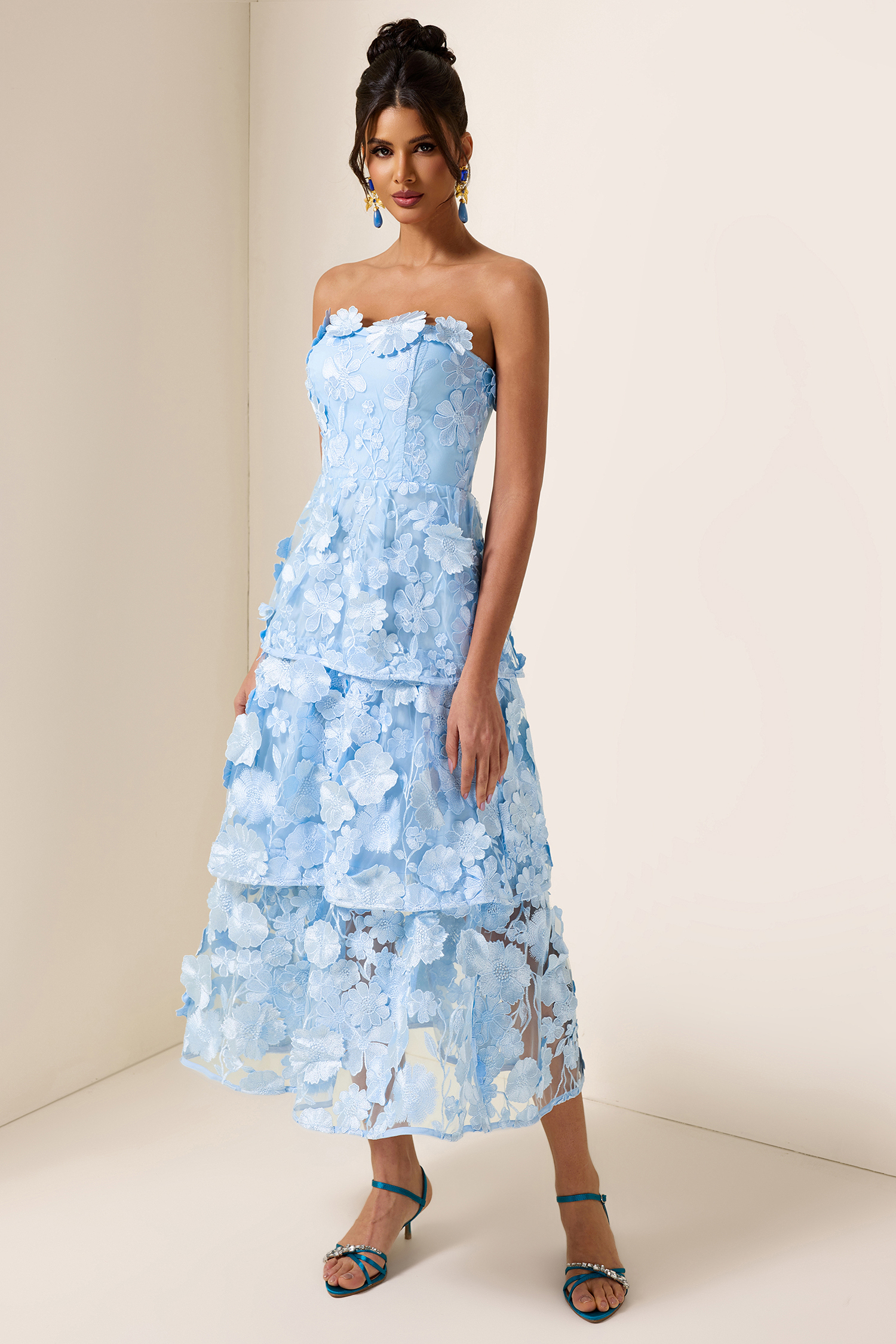 Embroidered Ruffle Off-Shoulder Midi Dress