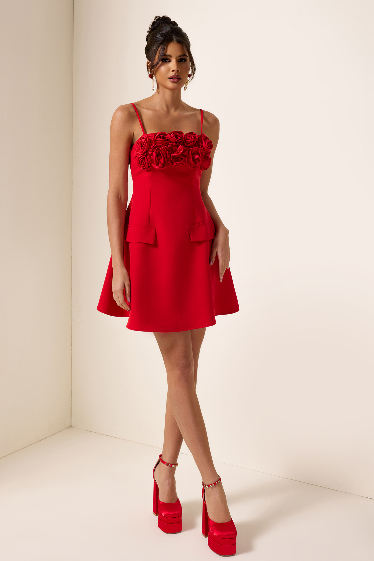 3D Flower Solid Square Neck Mini Dress