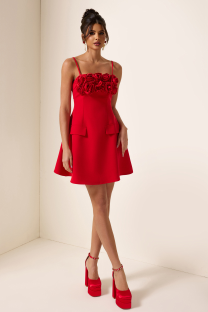 3D Flower Solid Square Neck Mini Dress