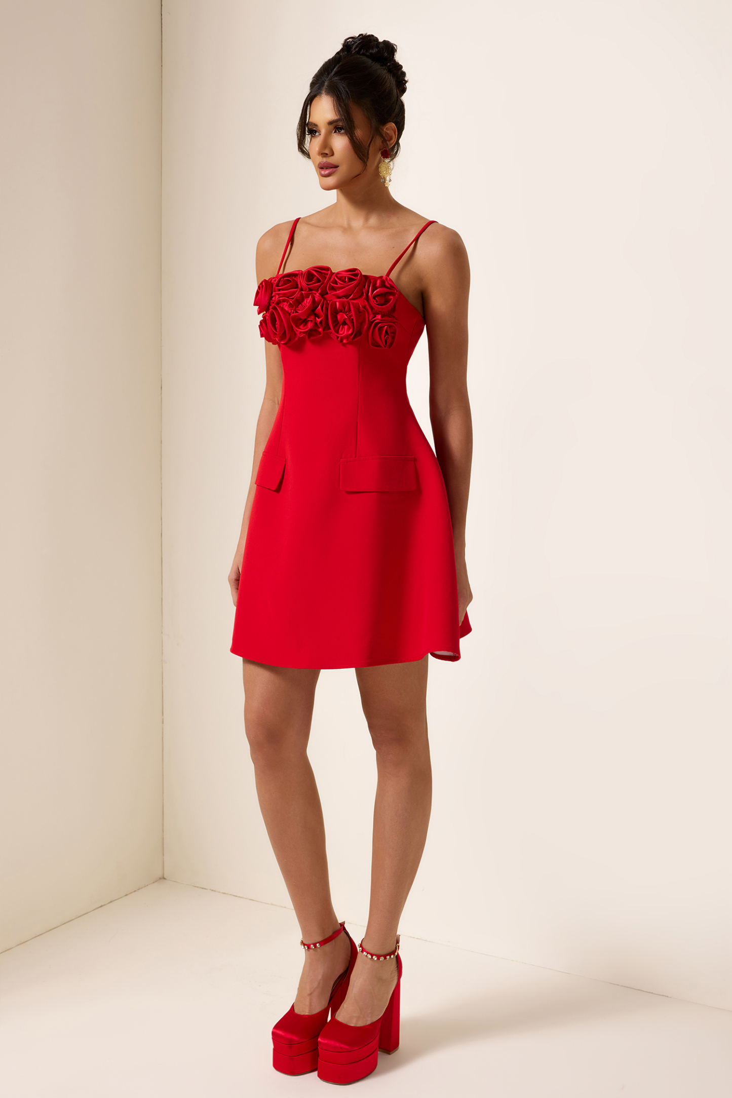 3D Flower Solid Square Neck Mini Dress