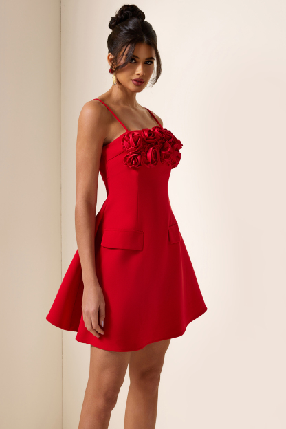 3D Flower Solid Square Neck Mini Dress