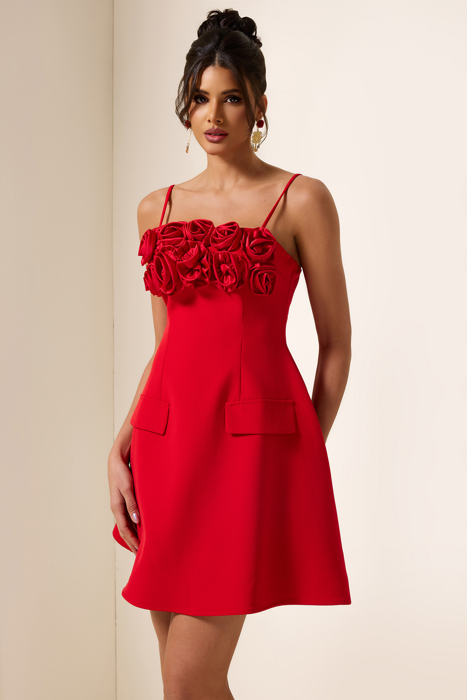 3D Flower Solid Square Neck Mini Dress